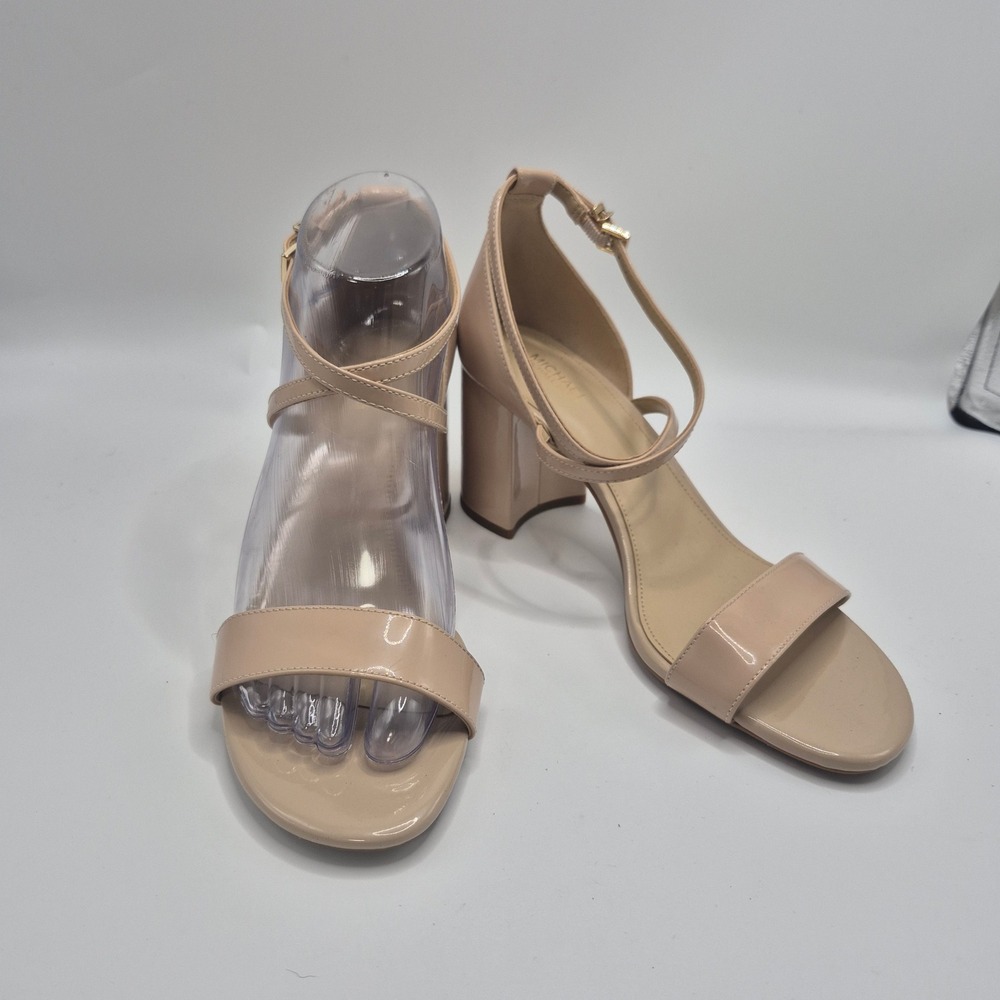 Michael Kors Nude Patent Leather Block Heel Ankle Strap Sandals PV23K 8M